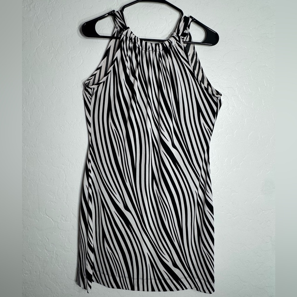 White House Black Market zebra stripe sleeveless halter tie mini dress M USA